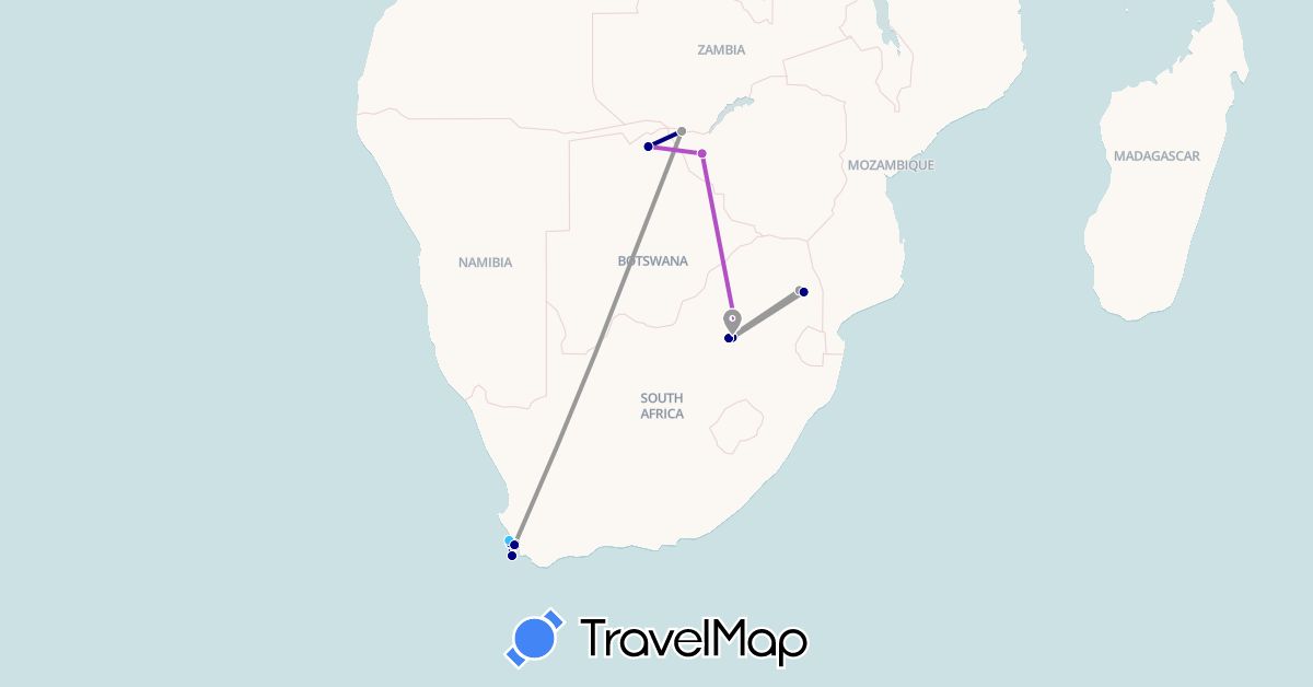 TravelMap itinerary: driving, plane, train, boat in Botswana, South Africa, Zimbabwe (Africa)